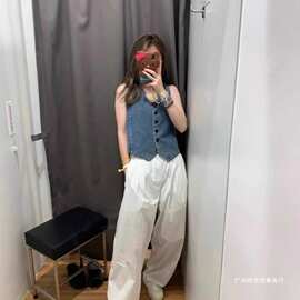 韩版复古蓝色v领牛仔马甲外套女夏小众薄款收腰显瘦短款背心上衣