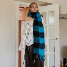 韩国设计师款含20羊毛混纺大格子流苏围巾女秋冬季格纹凹造型围脖