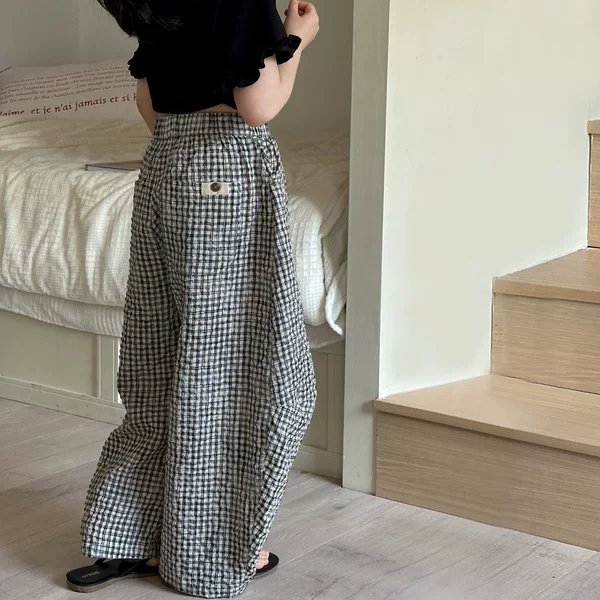 Girls' Pants Summer Wear 2026 Korean Style New Children's Summer Thin Anti-Mosquito Pants Plaid Wide-Leg Pants Big Kids Long Pants