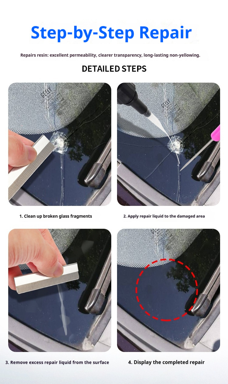 Car glass repair fluid, window crack filling adhesive, self-repairing liquid for front windshield cracks, resin glue