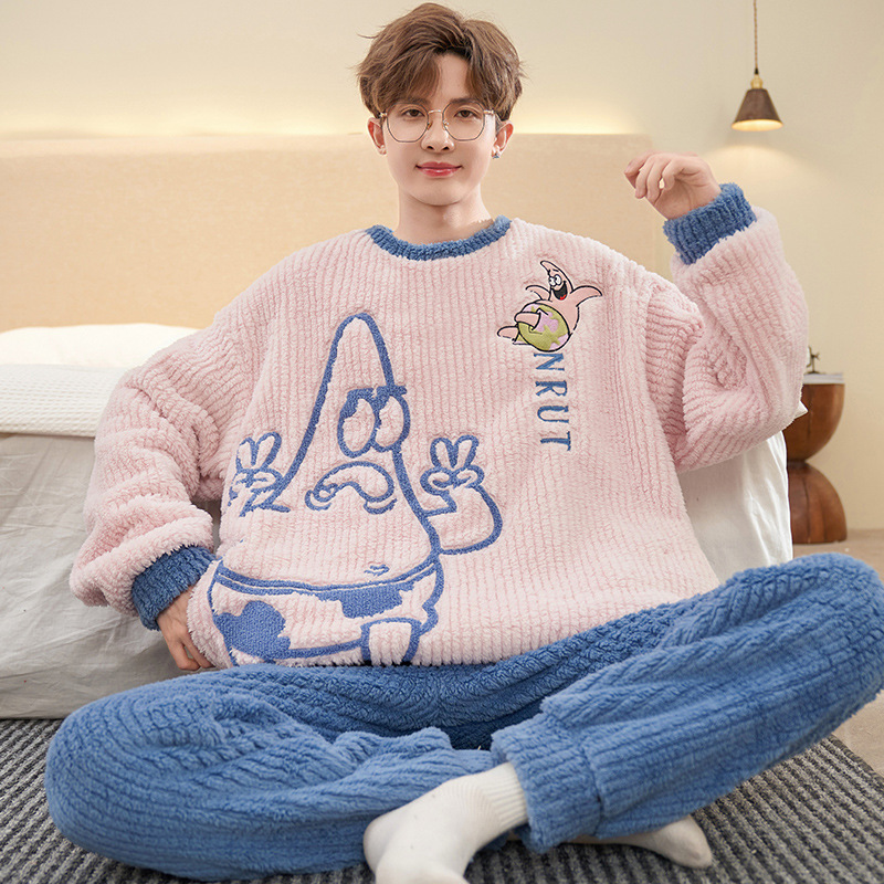 New Coral Velvet Pajamas Autumn and Winter Thickeneded Flannel Men's Large Size Cartoon Student Winter Home Wear Set