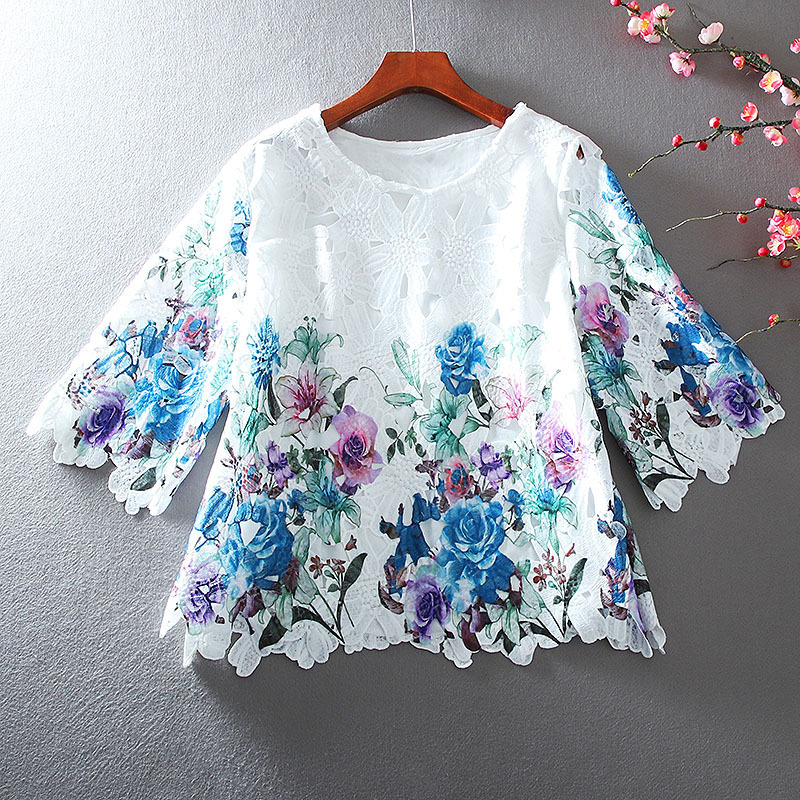 Retro pastoral style printed floral ruffled A version loose slimming lace hollow-out doll shirt shirt top agent