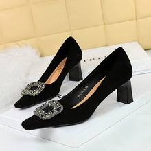 6186-K83 European and American Banquet Women's Shoes Versatile High Heel Shoes Thick Heel High Heel Suede Square Head Metal Rhinestone Button Single Shoes