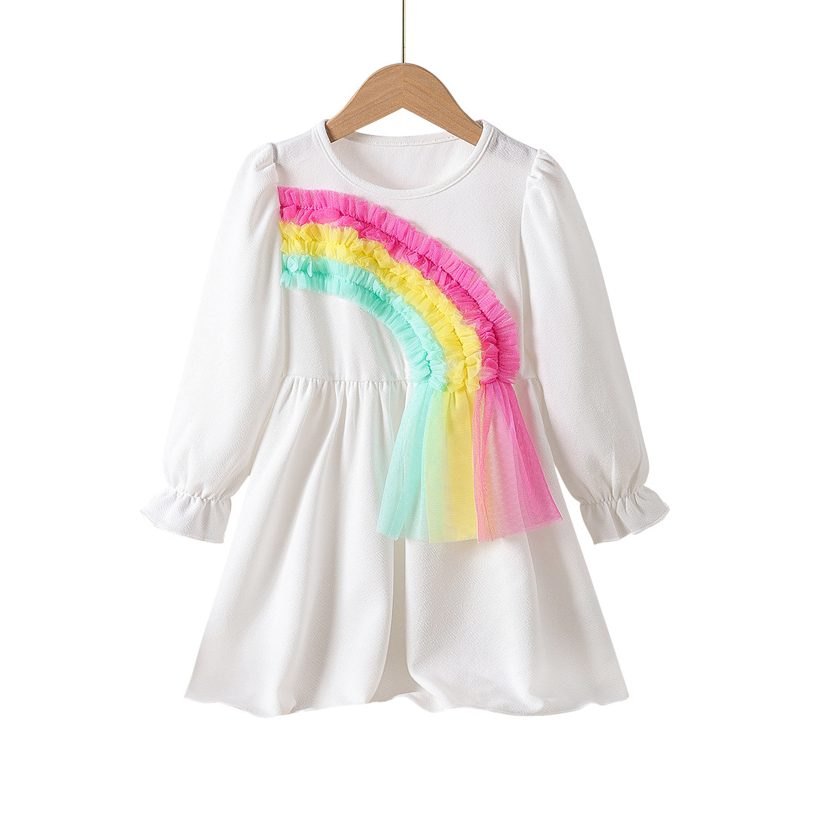 Vestido casual de decoración de malla de color tridimensional de manga larga con cuello redondo de color sólido para niñas de estilo europeo transfronterizo