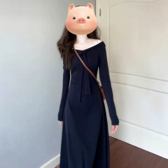 早秋韩系蕾丝拼接一字领长袖连衣裙女2025秋季感修身打底a字长裙