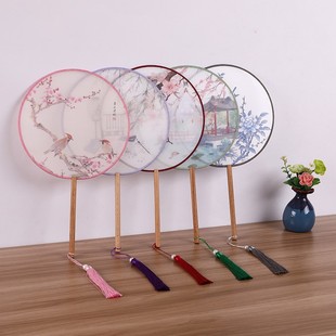 Silk Semi-Transparent Printed Round Fan for Women, Hanfu National Style Fan, Classical Dance Fan, Silk Surface Handmade Fan