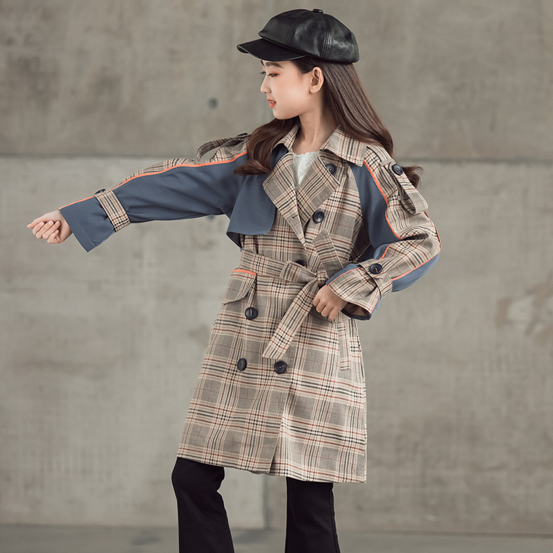 Girls' spring trench coat 2022 new children's Korean double row button top big children's middle and long cardigan coat