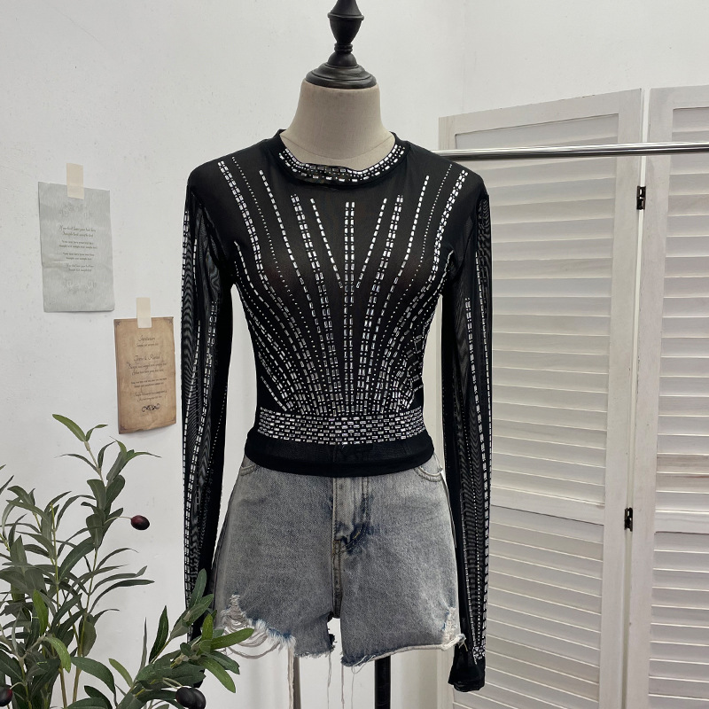 Diamond Embedded Thin Sheer Mesh Long Sleeve T shirt Slim Short Backless Top Women
