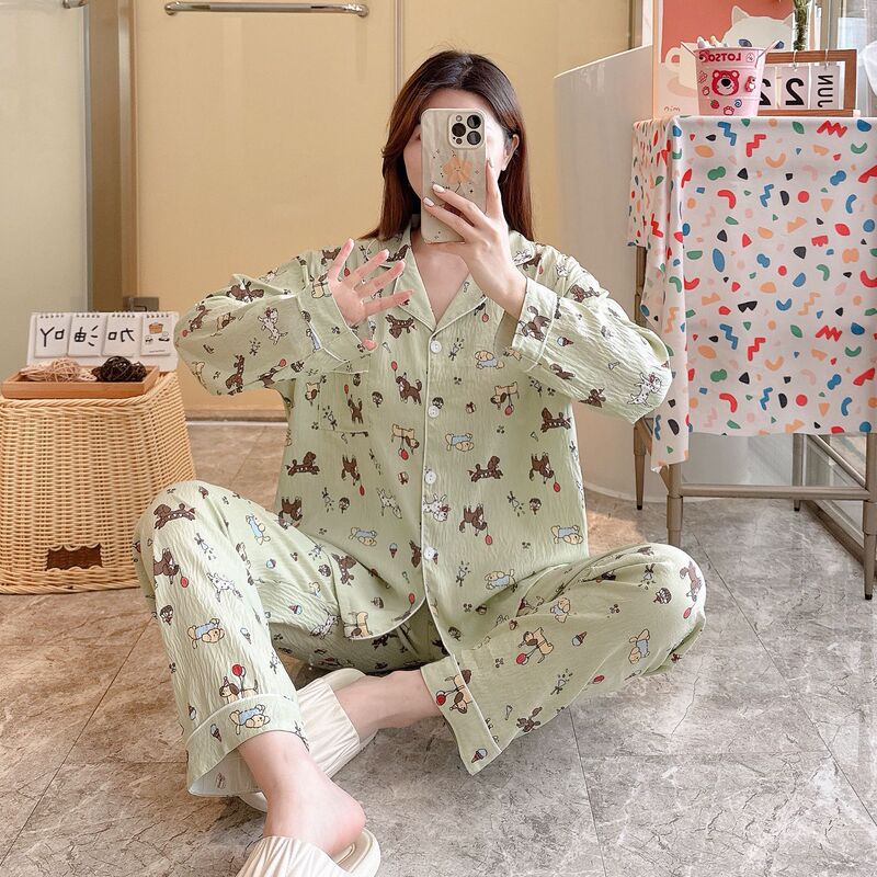 Cross-Border Factory Crepe Cloud Cotton Pajamas Two-Piece Lapel Cardigan Home Clothes New Cartoon Cute and Sweet Style