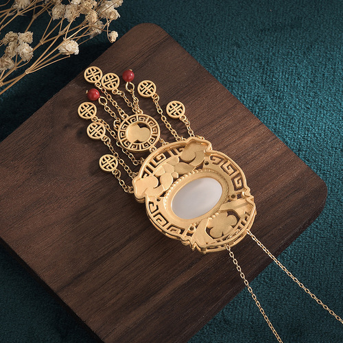Rogue live supply Chinese ancient style accessories ancient gold plating enamel painted Hetian jade retro tassel necklace for women