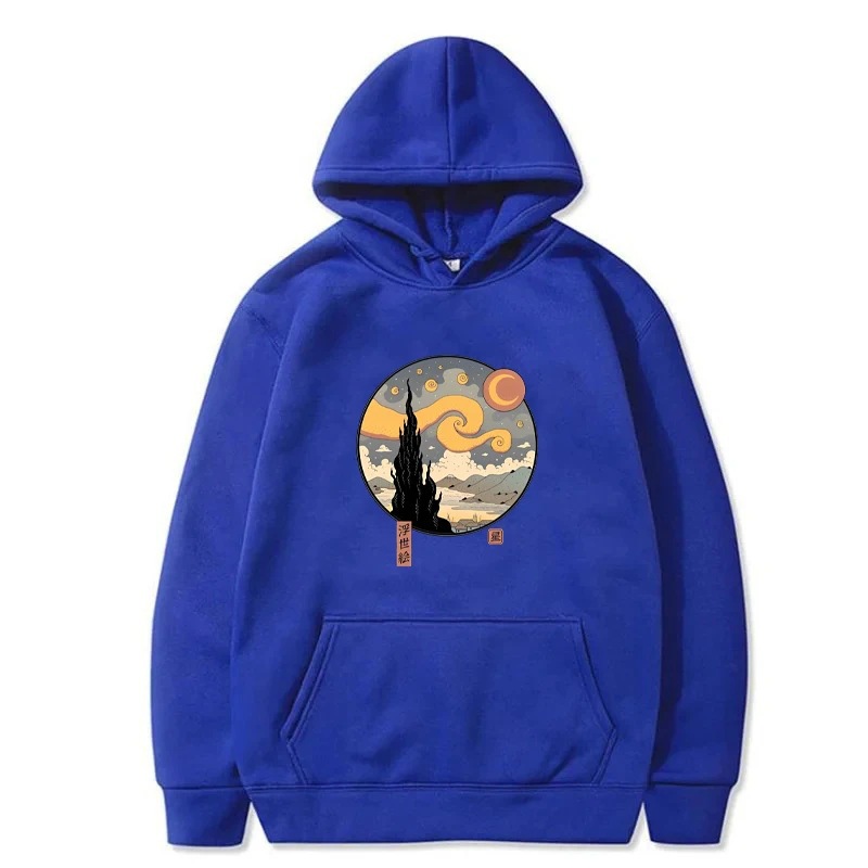 Starry Ukiyo-E Night Printed Hooded Sweatshirt Men's Autumn