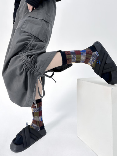 Japanese trendy brand double-needle double-way socks for men and women, colorful plaid mid-calf socks, spring and autumn retro cotton socks