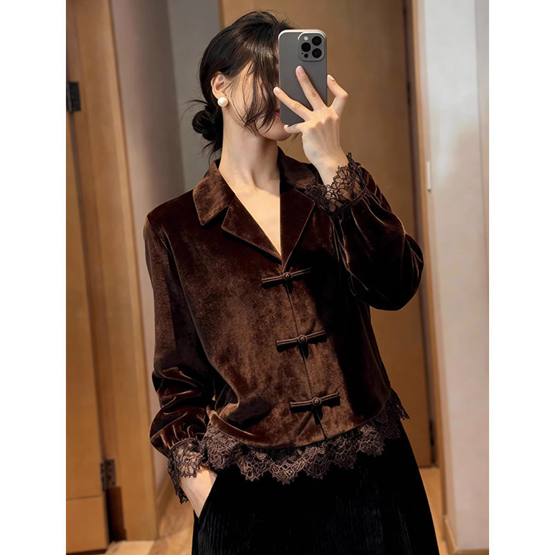 New Chinese-Style Women's Clothing, Coffee-Colored Velvet Shirt with Suit Collar and Buttoned Design, Winter 2026, National Style, Elegant and Beautiful Lace Inner Top New Chinese-Style Women's Clothing, Coffee-Colored Velvet Shirt with Suit Collar and Buttoned Design, Winter 2026, National Style, Elegant and Beautiful Lace Inner Top
