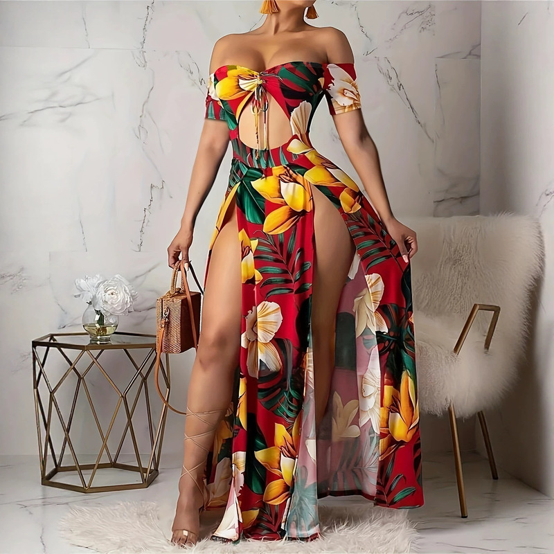 Cross-Border European and American Women's Clothing, Printed Hollow-Out Sexy High-Slit Vacation Dress, Short-Sleeved Off-Shoulder Tie-Up Long Dress
