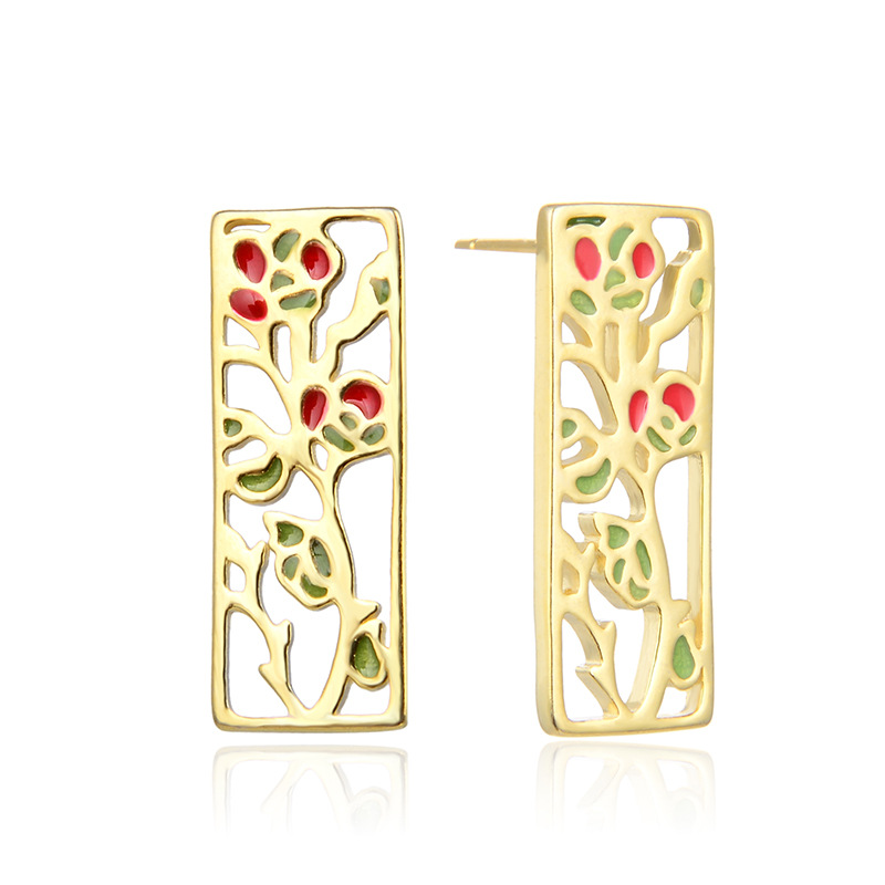 Flor rama rectangular Stud pendientes plata esterlina personalidad retro oro amarillo geométrico hueco pendientes nicho temperamento pendientes para las mujeres