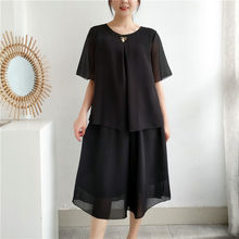 胖妈妈新款宽松阔太太两件套洋气中老年女夏雪纺短袖遮肚套装裤裙