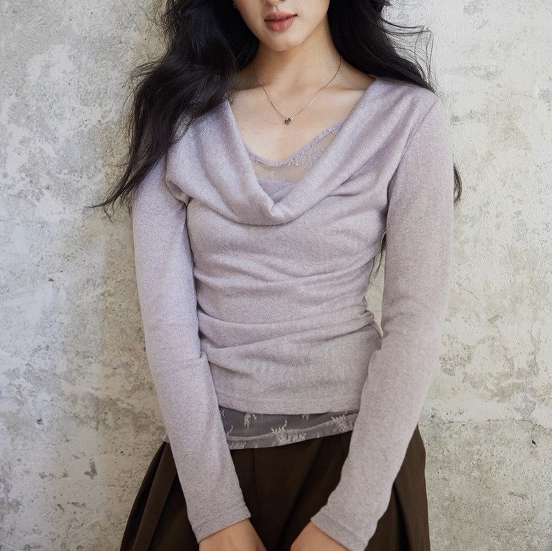 TYANG two sheep [Yu Qin] fake two-piece collar lace stitching sweater slim slim long sleeve purple