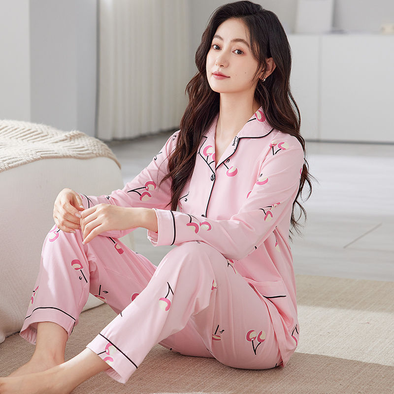 Pijama de algodón para mujeres primavera y otoño cardigan de manga larga suelta grande se puede usar ropa de casa dos piezas