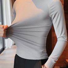 男士冰丝T恤长袖春秋季节修身型青年tx纯色条纹圆领韩版简约体恤