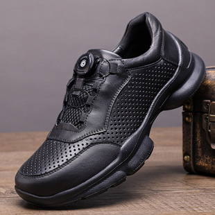 Sports Shoes for Men in Summer, Breathable Hollow Leather Shoes, Genuine Cowhide Running Shoes, Commuting Automatic Buckle Shoes, Clogs for Outer Wear