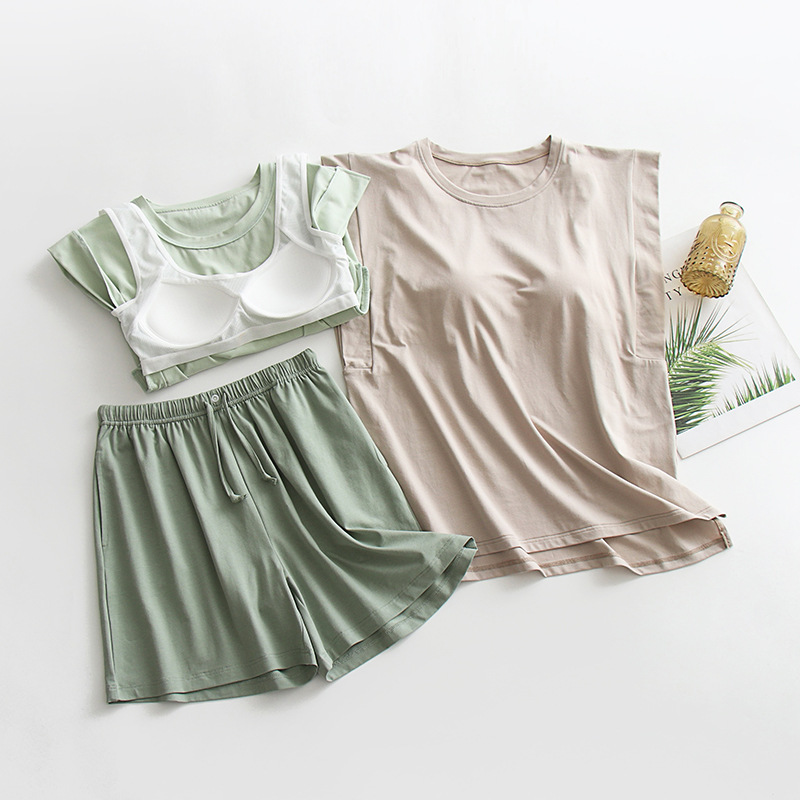 Women's Pajamas with Chest Pad Summer Pure Cotton Ice Porcelain Cotton Thin Bra One-piece Vest Shorts plus size Home Clothes suit