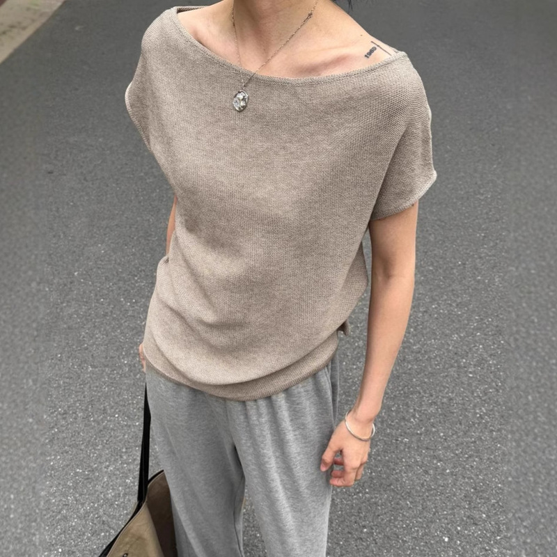 Knitted Knitwear Women's Summer New High-End Linen One-Line Collar Slanted Shoulder Shirt Loose Short-Sleeved T-Shirt Top