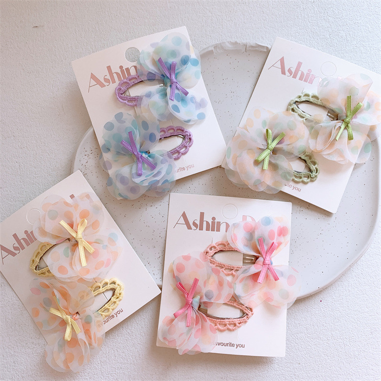 Spring New Children's Net Gauze Polka Dot Bow Hair Clips for Girls, Side-Swept Fringe with Frizzy Hair, BB Pair Hair Accessories
