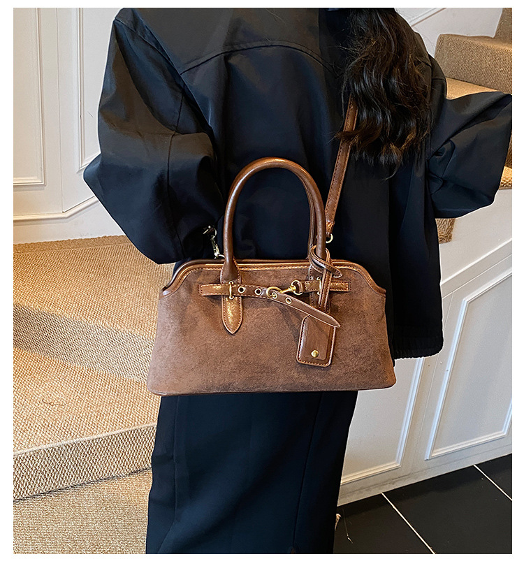 Suede Effect Buckle Detail Structured Top Handle Bag 12
