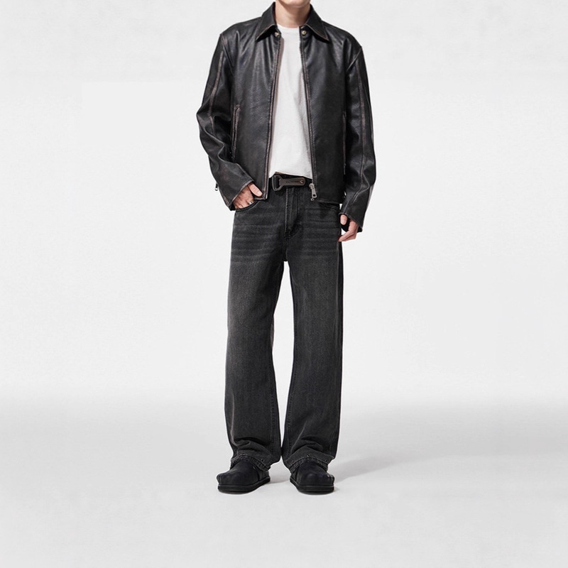 Trendy Ash Gray Straight-Leg Jeans for Men 2025 Autumn New American High Street Loose Wide-Leg Pants