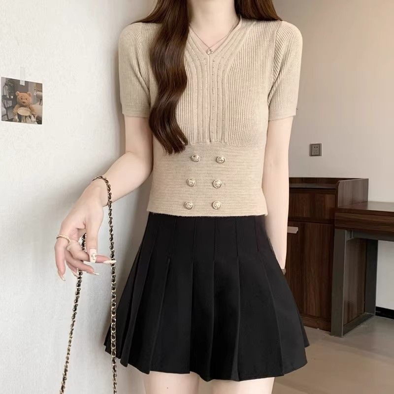 V-Ausschnitt, hohe Taille, kurzärmeliger Damen-Sommer, neuer französischer Stil, kleiner, duftender Wind, Eisseide, gestrickter Pullover_voghion.com