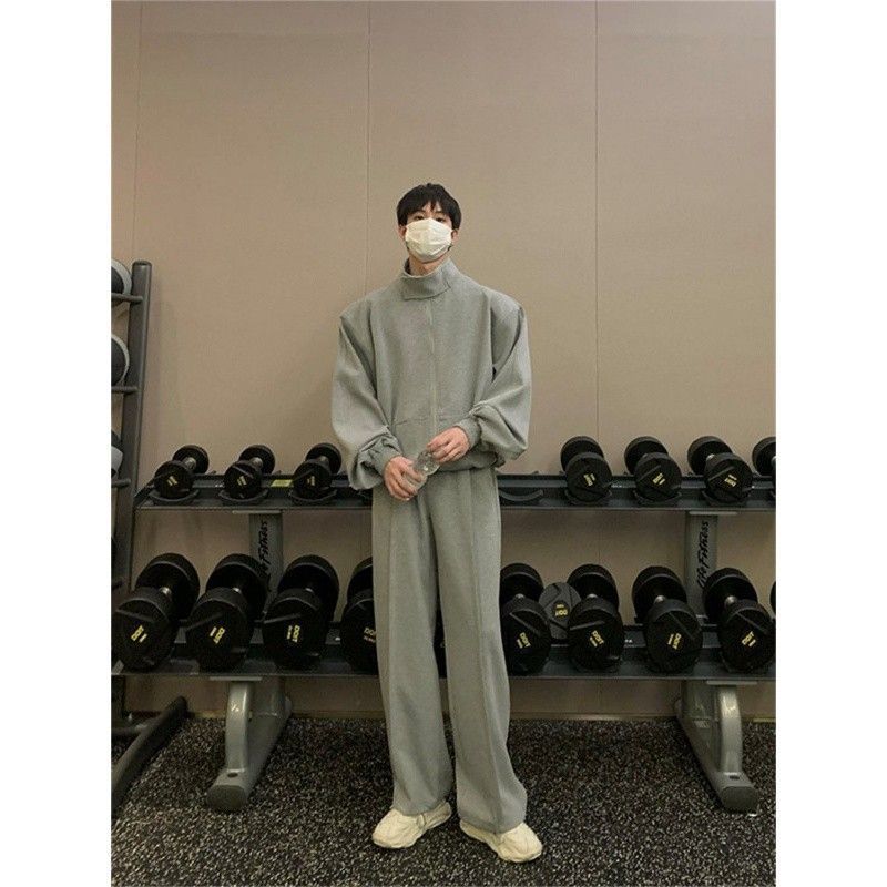 (2개) 한국식 유행 캐주얼 느슨한 어깨 패드 스웨트 봄 가을 간단한 스포츠 외부 세트 남자 바지 투피스 세트