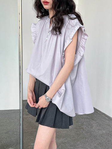 Luxi Korean casual lotus leaf sleeve shirt for women's summer new lazy V-neck pleated Feifei sleeve shirt 9738