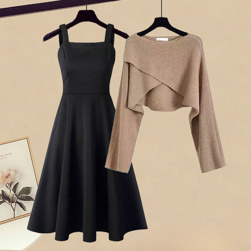 Autumn and Winter Outfit Set 2026 New Design Cross-Over Sweater Women's Slimming Suspender Dress Two-Piece Set