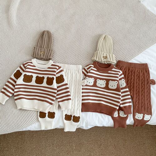Infant autumn and winter clothing baby sweater cartoon striped sweater set newborn warm versatile tops and pants