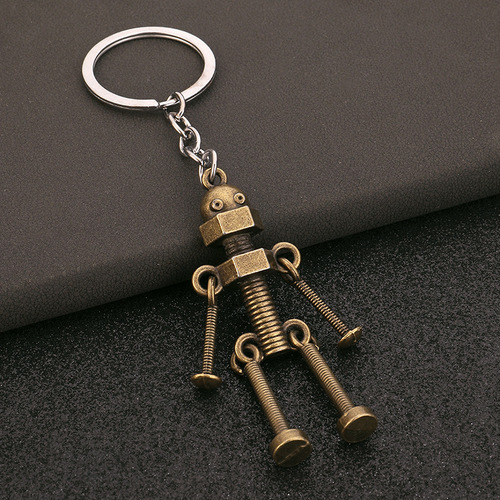 Manufacturer wholesale retro handmade DIY keychain pendant animated robot movable screw robot