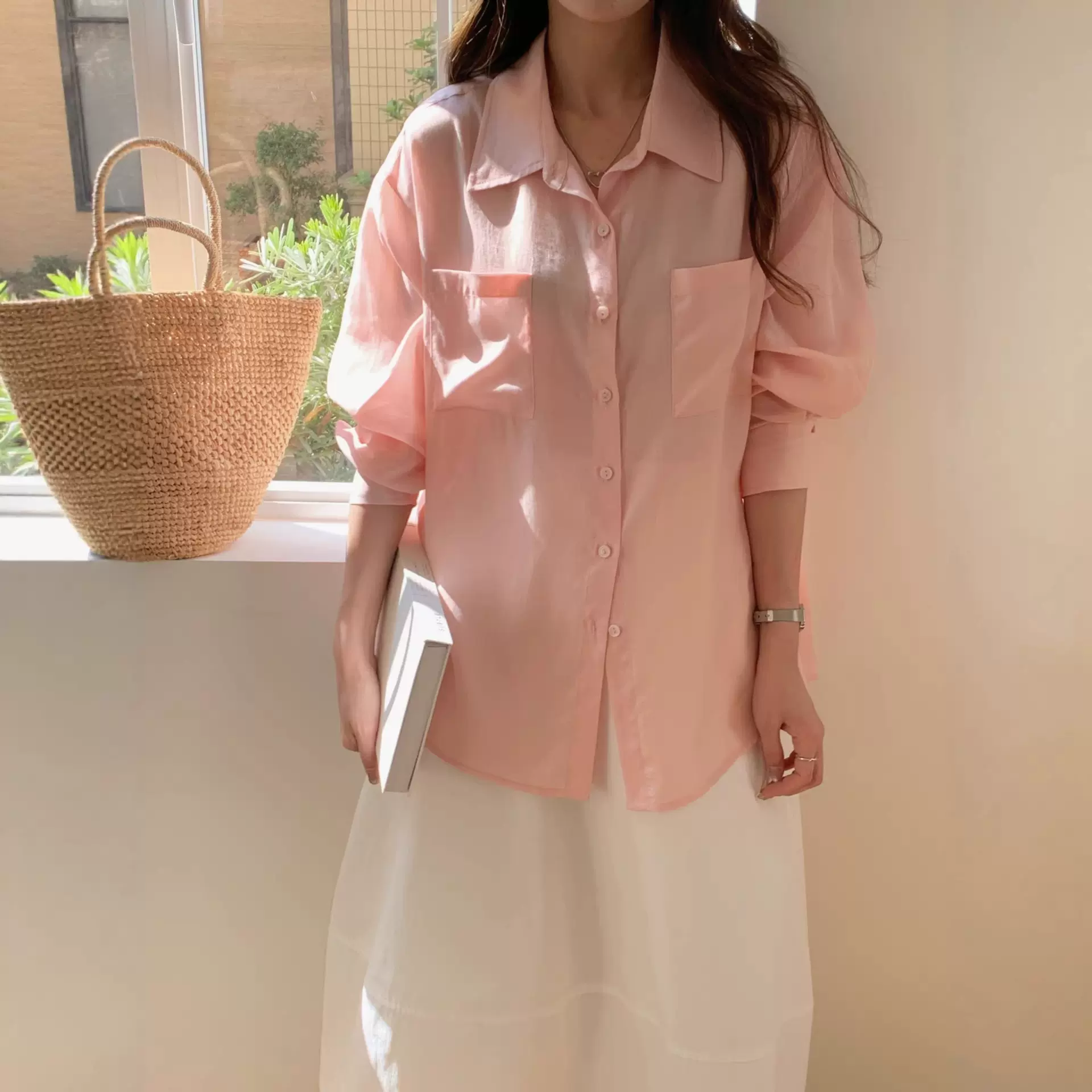 春夏新款防晒衬衫女宽松大口袋翻领薄款透气天丝锦纶长袖衬衣