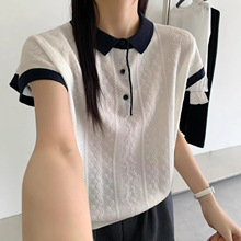撞色polo领半钮扣短袖针织衫女2026新款春季洋气宽松显瘦透视上衣
