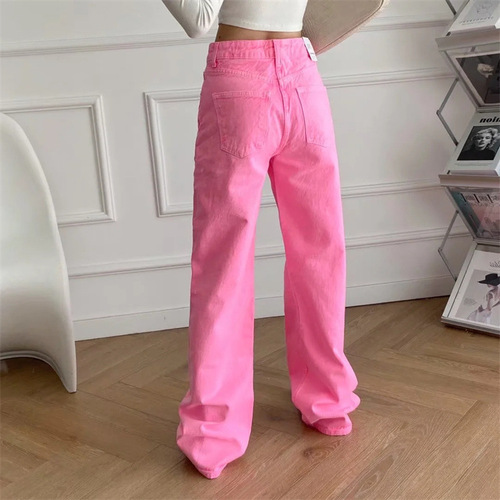 Pink Mop Pants, Petite Straight Leg Denim for Women, Summer Korean Style, Loose and Flowy High-Waist Wide Leg Pants for Plus Size