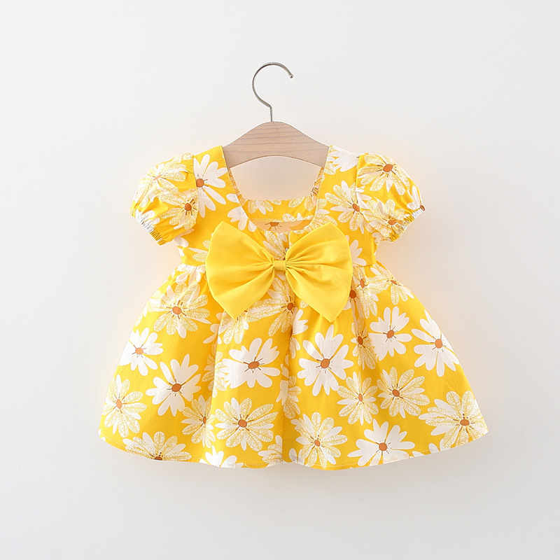 Knee-Length Dress Length Type Pastoral Flower Chrysanthemum Cotton Girls Dresses