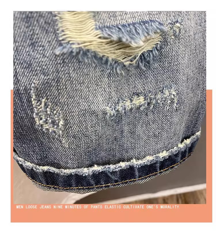 Men's Retro Ripped Denim Shorts Lightweight Summer Trendy Street Style Loose Fitting Straight Leg Five Point Pants_mkmklike.com