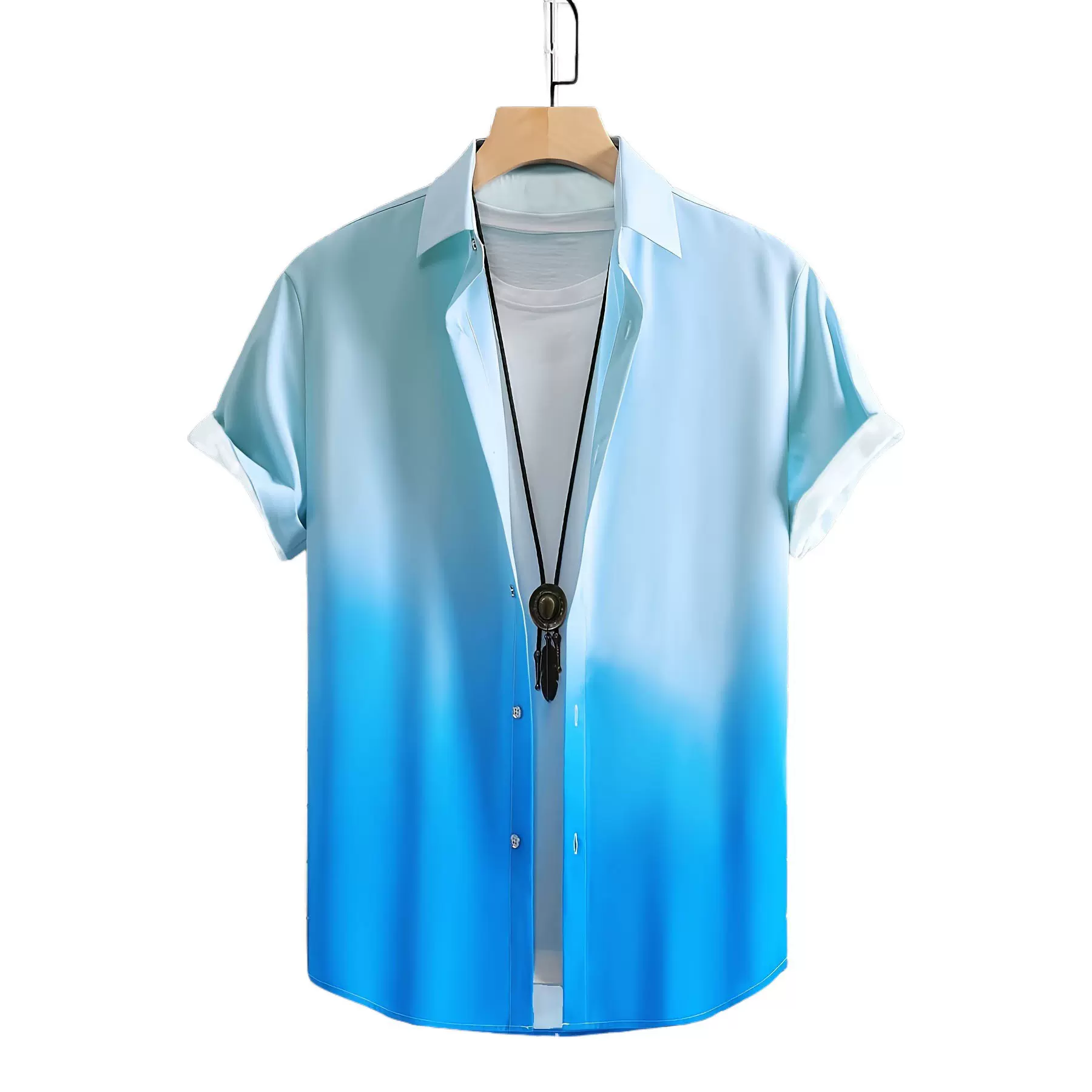 男士夏季新款休闲渐变纯色衬衫3D数码水磨画打印翻领简约时尚透气