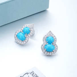 2025新款新中式精美人造蓝松石镶钻精致葫芦耳钉小众显白简约百搭