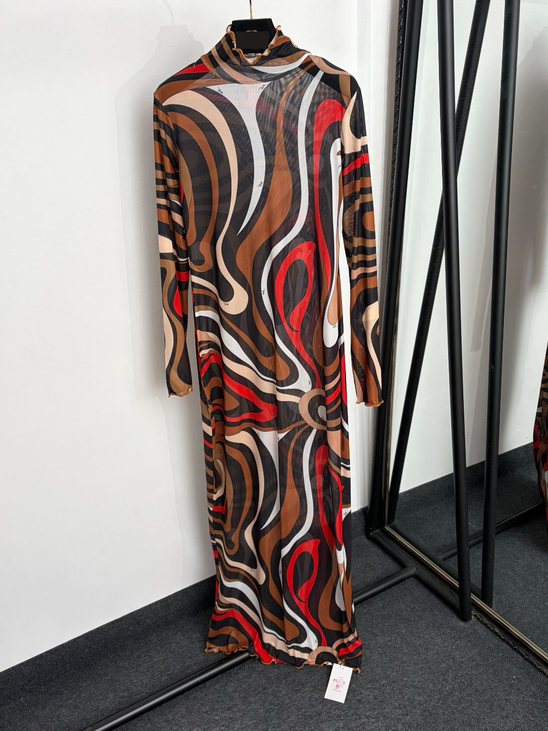 Irregular Color Block Print, Half-High Collar, Slim-Fit Brand Logo Long-Sleeve Dress_ecoleips.com