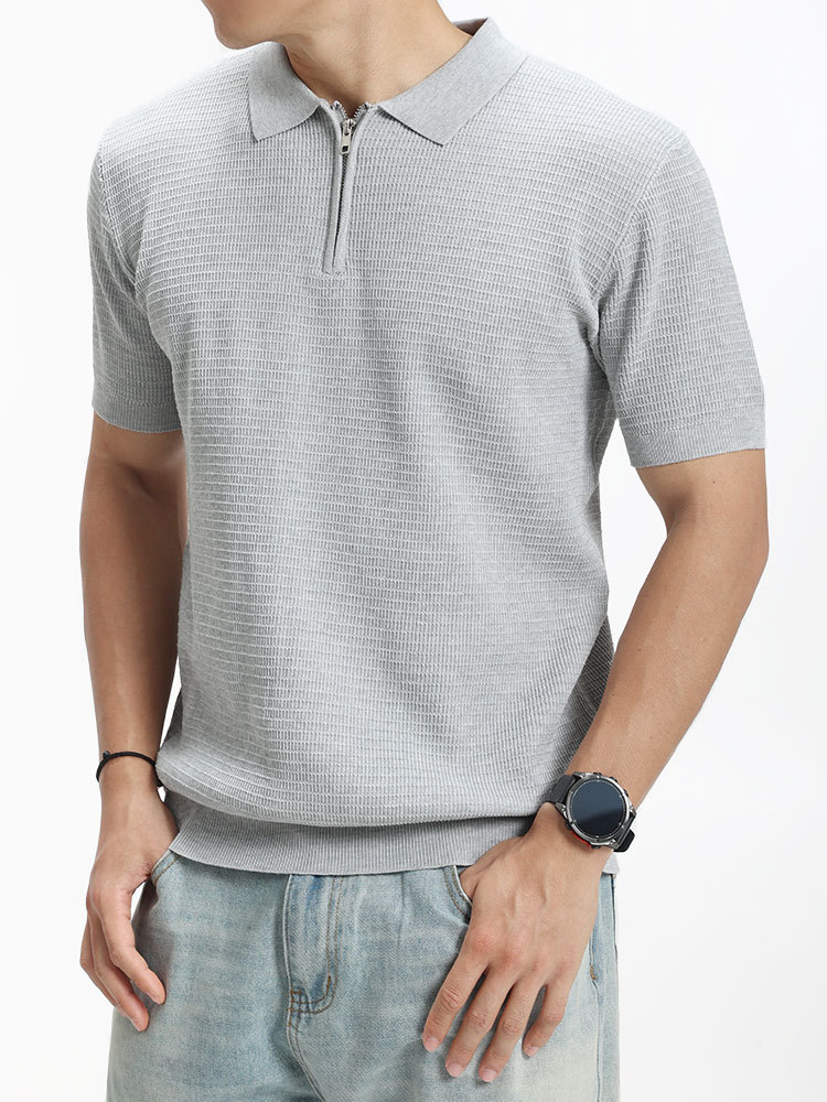 Waffle polo de hielo de punto para hombre con cremallera de collar de manga corta de negocios de alto nivel camiseta casual para hombre