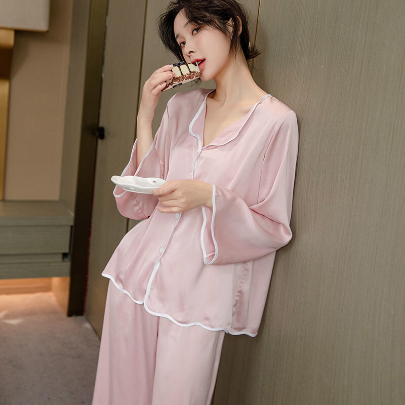Ice Silk Pajamas Women's Spring and Autumn Long-Sleeved New Home Clothes Solid Color Spring and Autumn Thin Silk Suit
