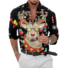 春秋冬新款欧美大码男士长袖衬衫翻领休闲开衫圣诞麋鹿印花衬衣