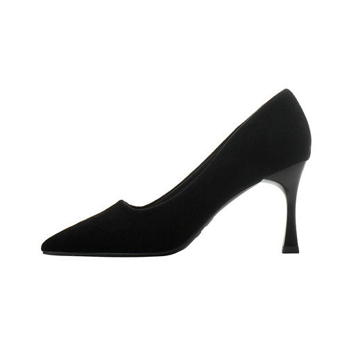 Student Etiquette High Heels Spring Medium Heel Black Felt Surface Professional Work Single Shoes for Women