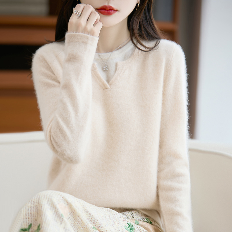 新款100纯羊毛衫女内搭气质上衣v领假两件针织拼色宽松毛衣打底衫|undefined