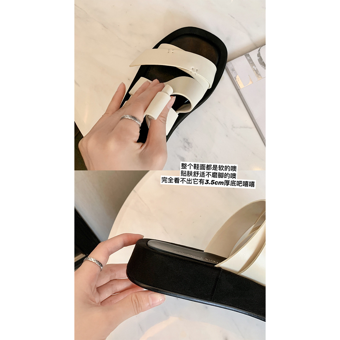 Versión de piel de oveja ~ Su Yinyin con punta cuadrada, suela gruesa, zapatillas de ocio de vacaciones en la playa, sandalias y zapatillas de verano para mujer