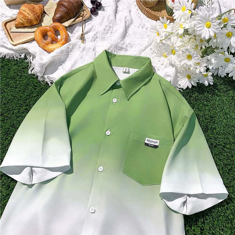 Премиум чувство красивый красивый прилив свободная рубашка куртка американский повседневный градиент рубашка с короткими рукавами мужской летний новый тренд